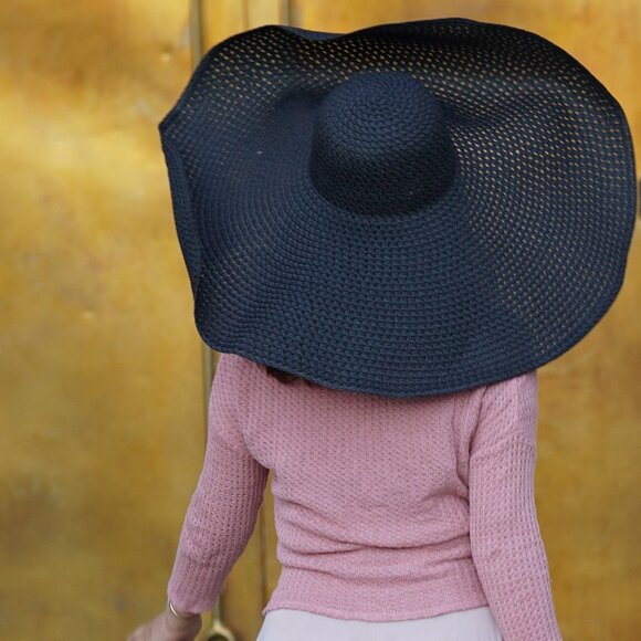 Black Super Wide Brim UV Protection Sun Beach Floppy Straw Hat Wired Edge - Picture 6 of 6